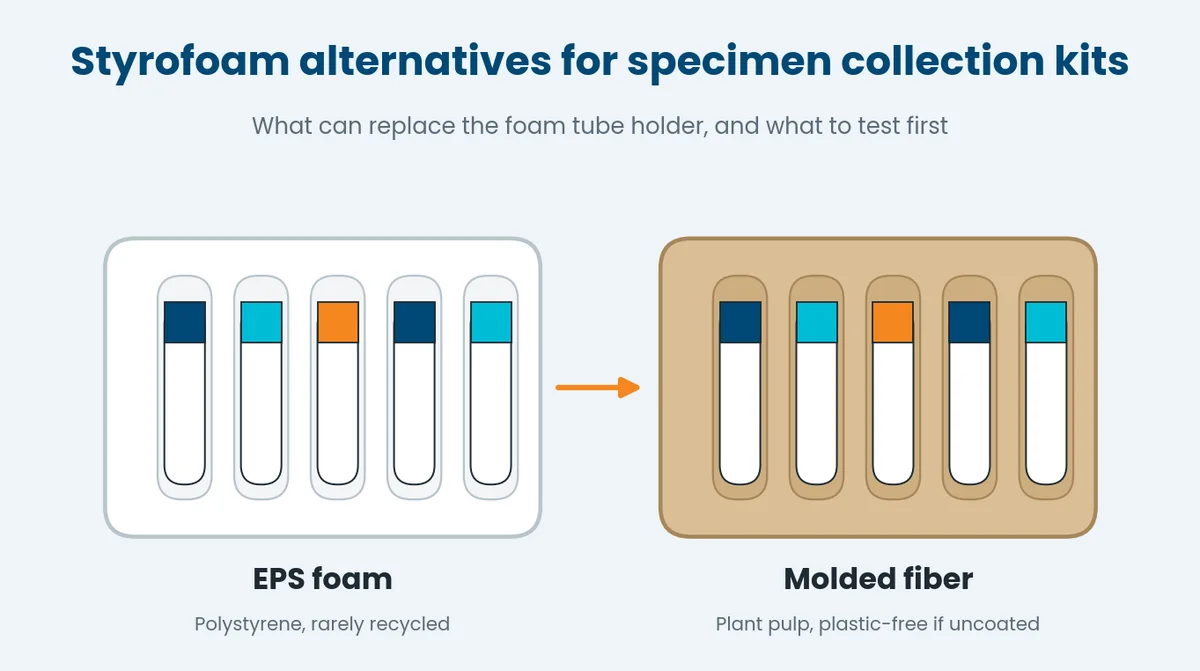 Illustration of an EPS foam tube holder beside a molded fiber tube tray