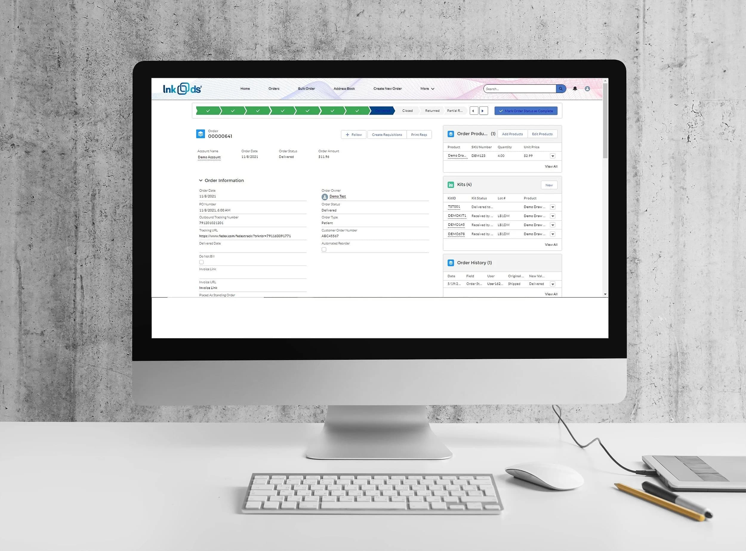 LNK2DS2 order summary dashboard on a desktop monitor