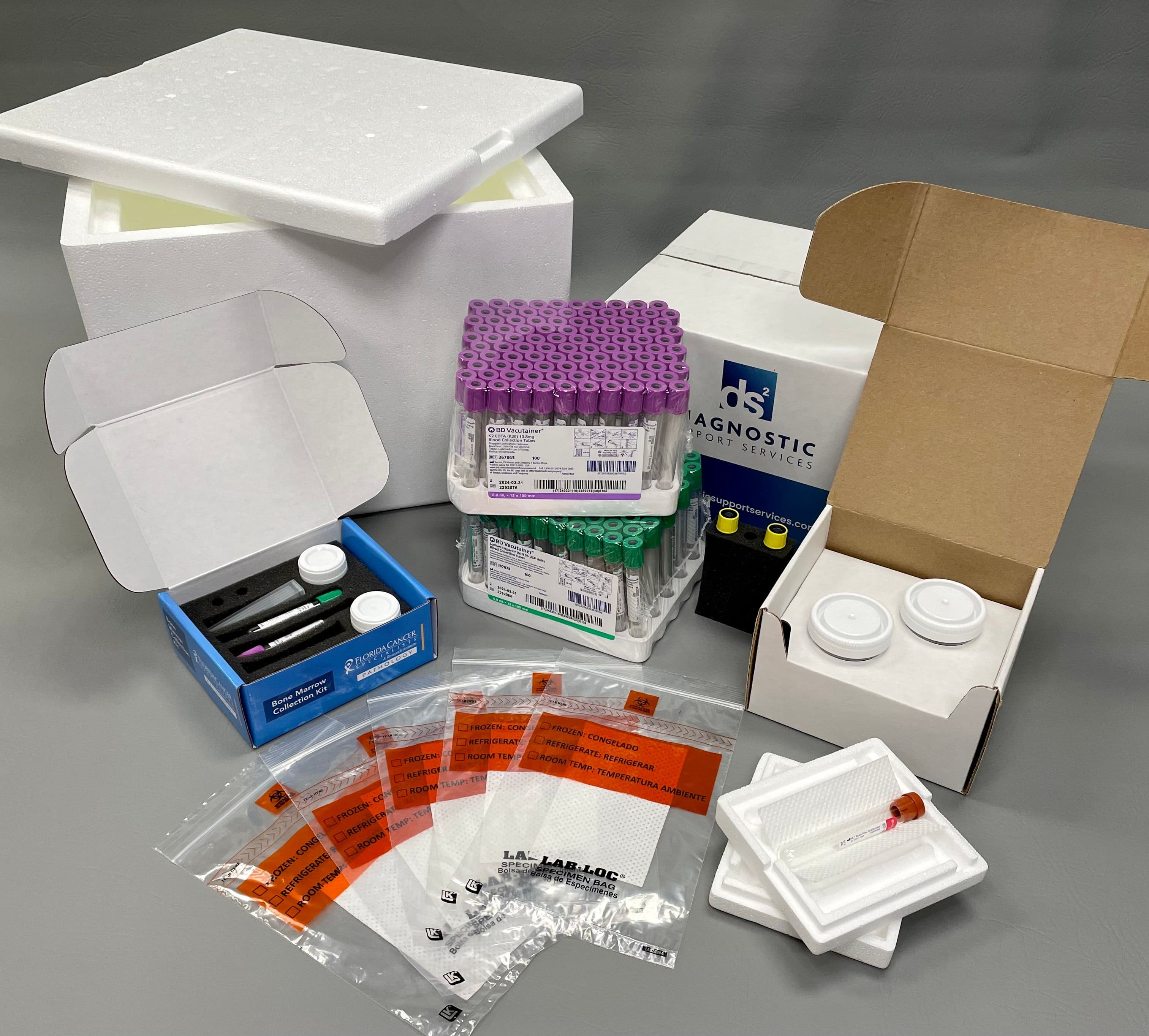 Specimen transport packaging components: insulated shippers, blood collection tubes, collection kits, and biohazard transport bags